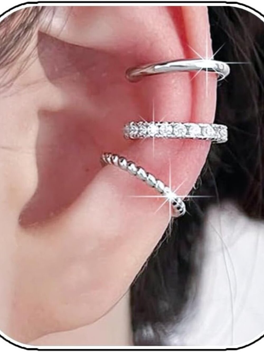 Sterling Silver Crystal Huggie Ear Cuff Set - Silver